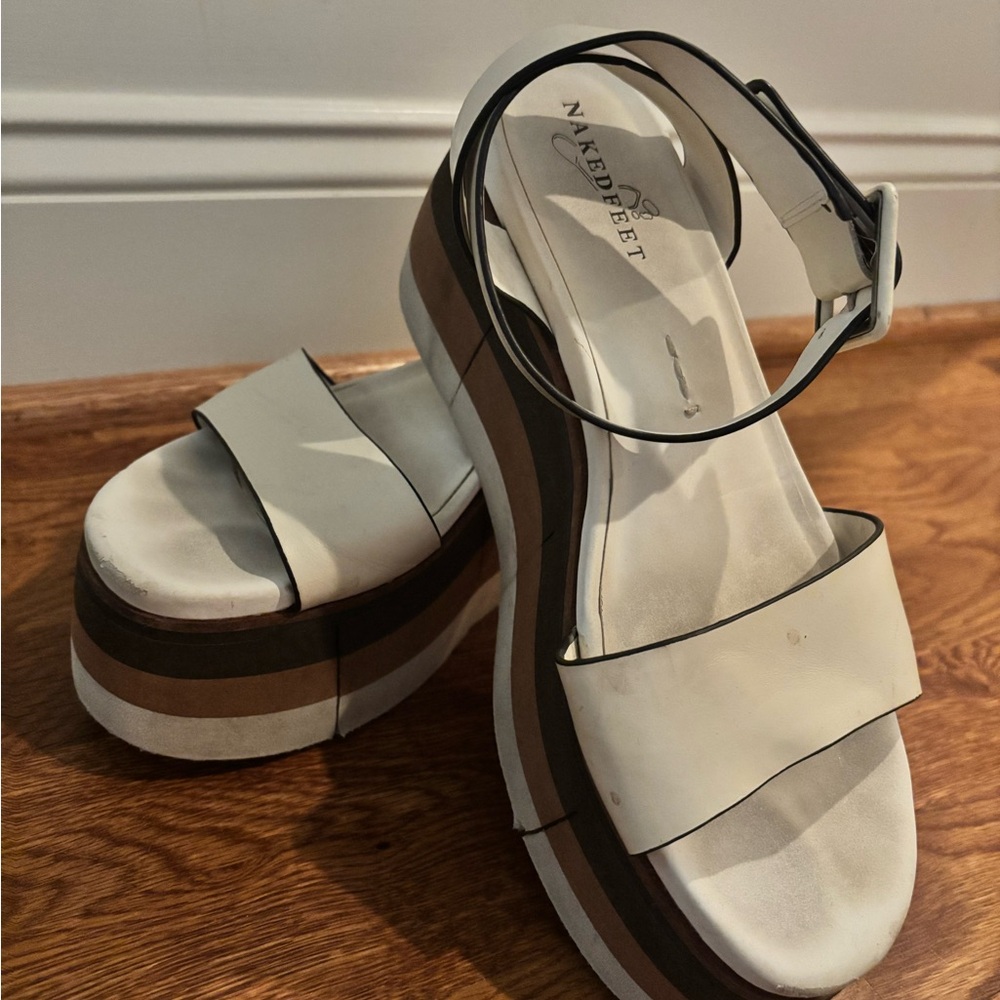 Naked Feet White Platform Sandals with Brown-Striped Sole